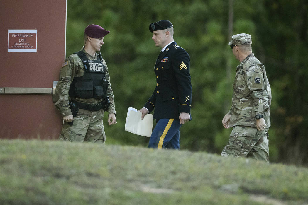 Army Sgt. Bowe Bergdahl arrives at the Fort Bragg courtroom facility for a sentencing hearing on Monday, Oct. 30, 2017, on Fort Bragg, N.C. Bergdahl, who walked off his base in Afghanistan in 2009 ...