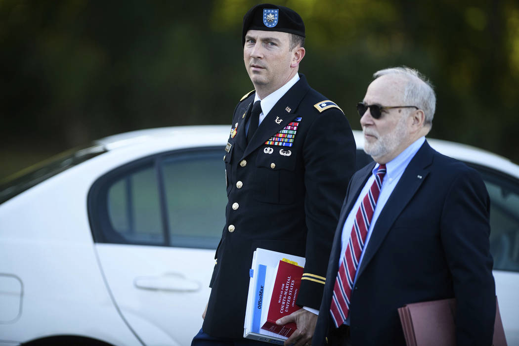 Sgt. Bowe Bergdahl's military attorney, Lt. Col. Franklin Rosenblatt, and his civilian attorney, Eugene Fidell, arrive at the Fort Bragg courthouse for a sentencing hearing on Wednesday, Oct. 25, ...