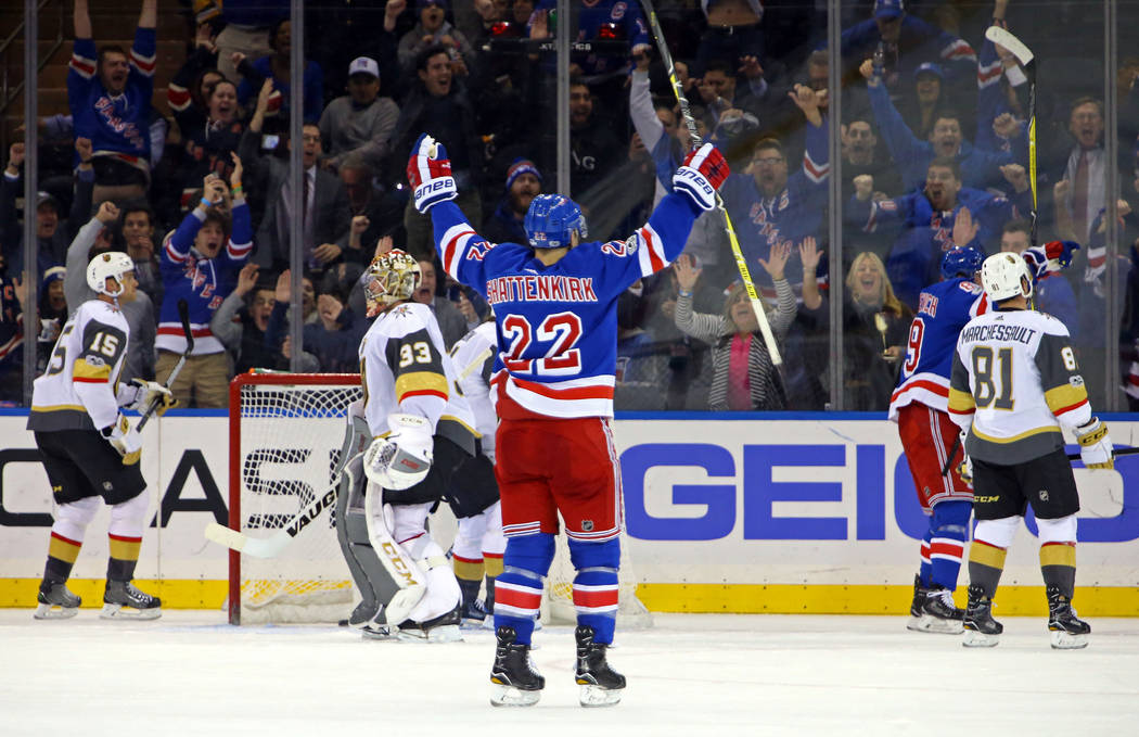 Oct 31, 2017; New York, NY, USA; New York Rangers defenseman Kevin Shattenkirk (22) celebrates a goal by New York Rangers right wing Pavel Buchnevich (89) against the Vegas Golden Knights during t ...