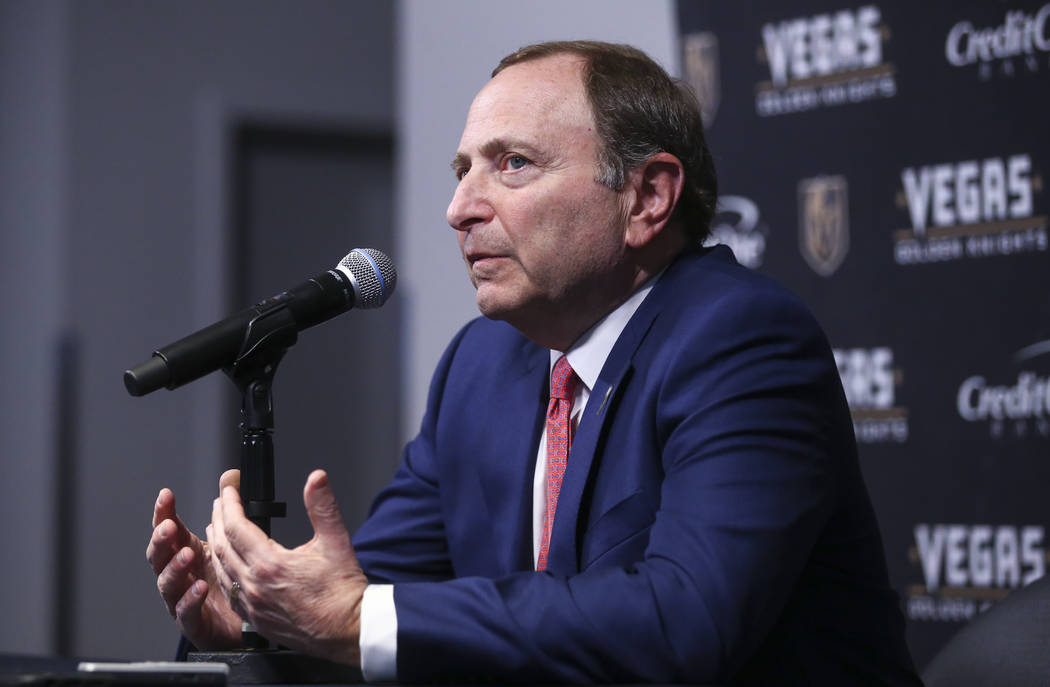 NHL Commissioner Gary Bettman before the start of an NHL hockey game at T-Mobile Arena between Golden Knights and Arizona Coyotes in Las Vegas on Tuesday, Oct. 10, 2017. Chase Stevens Las Vegas Re ...