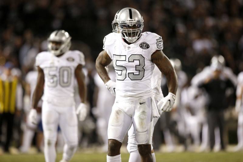 Oct 19, 2017; Oakland, CA, USA; Oakland Raiders linebacker NaVorro Bowman (53) stands on the field against the Kansas City Chiefs in the third quarter at Oakland Coliseum. The Raiders defeated the ...