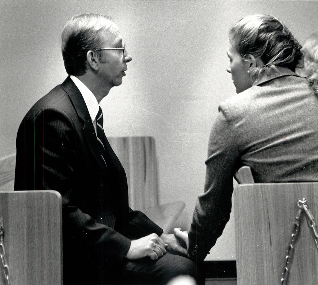 Howard Lee Haupt speaks with his fiancee before jury selection on Jan. 9, 1989. Haupt was charged with murder in the 1987 death of 7-year-old Alexander Harris. A jury acquitted him. Las Vegas Revi ...