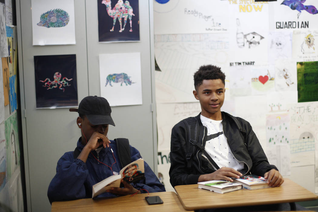 D'Andre Burnett, 17, in English class at Shadow Ridge High School in Las Vegas, Thursday, Oct. 19, 2017. Burnett has a 50-50 chance of graduating, and faces the same obstacles thousands of other C ...
