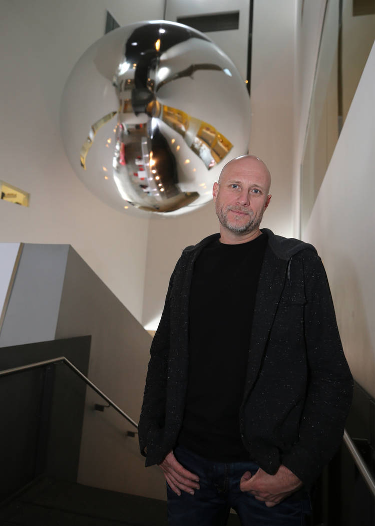 Artist Trevor Paglen gives a presentation about his Orbital Reflector art piece at the Nevada Museum of Art in Reno on Friday, Oct. 20, 2017. The 14-foot model at the museum is an early version of ...