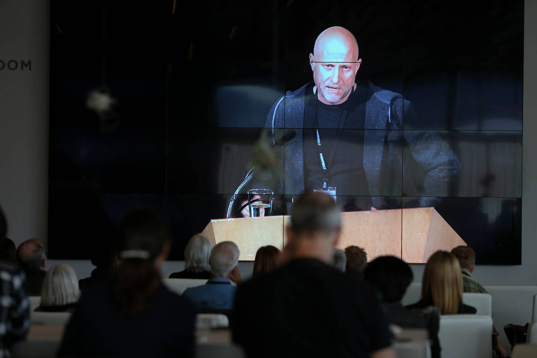 Artist Trevor Paglen gives a presentation about his Orbital Reflector art piece at the Nevada Museum of Art in Reno on Friday, Oct. 20, 2017. The 14-foot model at the museum is an early version of ...