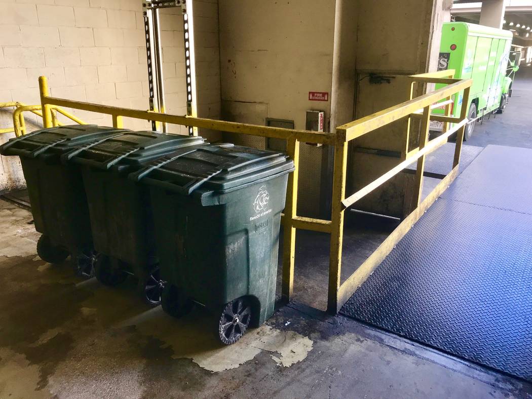 Bins of organic waste wait for pickup at the Caesars Palace waste loading dock on Oct. 24. (Madelyn Reese/View) @MadelynGReese
