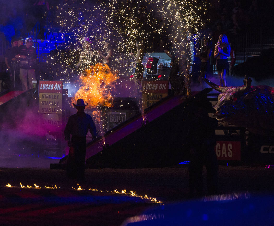 Bull riders are introduced before the start of the 2017 Professional Bull Riders World Champion on Sunday, Nov. 5, 2017, at T-Mobile Arena, in Las Vegas. Benjamin Hager Las Vegas Review-Journal @b ...