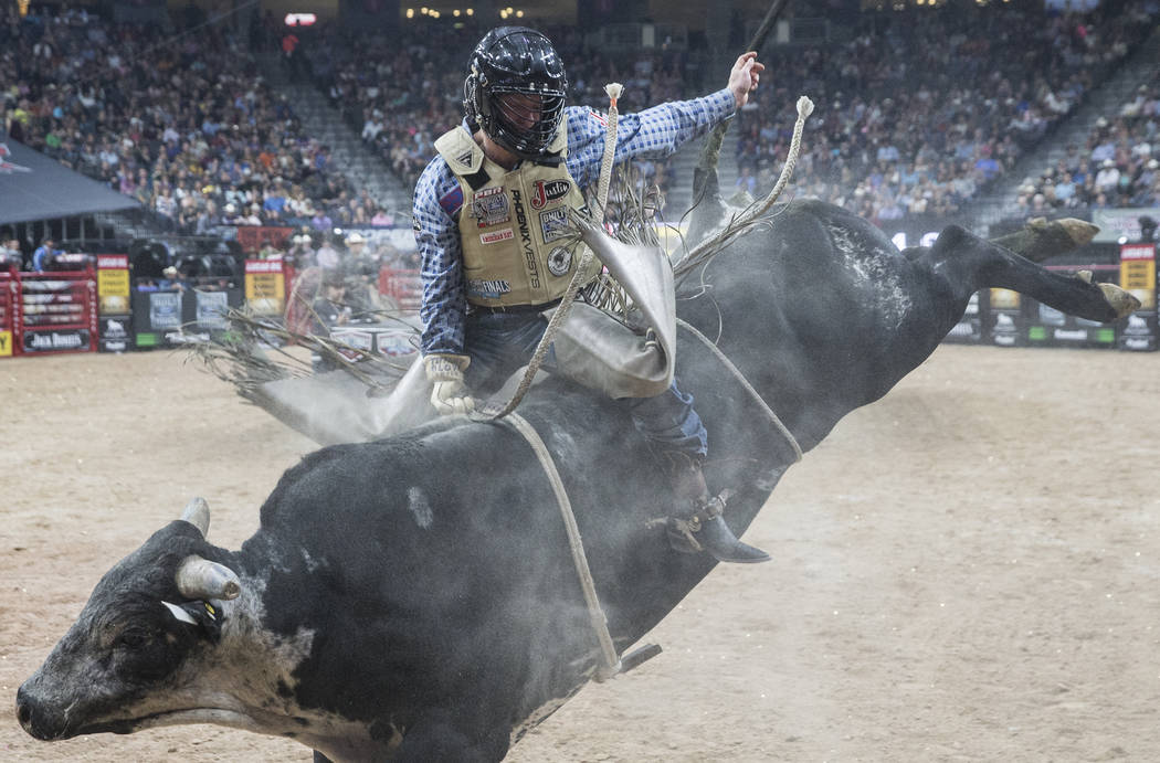 Brennon Eldred rides Blue Stone during the Professional Bull Riders World Finals on Sunday, Nov. 5, 2017, at T-Mobile Arena, in Las Vegas. Benjamin Hager Las Vegas Review-Journal @benjaminhphoto