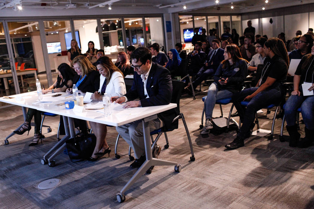 Judges score student presentations during the CTA Future Innovators Business Pitch Competition at the RedFlint Experience Center in Las Vegas on Thursday, Nov. 2, 2017. Joel Angel Juarez Las Vegas ...
