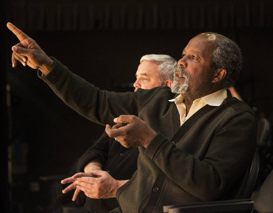 Director Clarence Gilyard gives feedback to his actors during rehearsal for the Pulitzer Prize-winning play &quot;Disgraced&quot; at the Black Box Theatre on Wednesday, March 22, 2017, at  ...