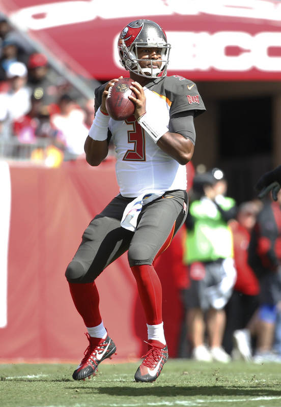 Oct 29, 2017; Tampa, FL, USA; Tampa Bay Buccaneers quarterback Jameis Winston (3) drops back against the Carolina Panthers during the first half at Raymond James Stadium. Mandatory Credit: Kim Kle ...