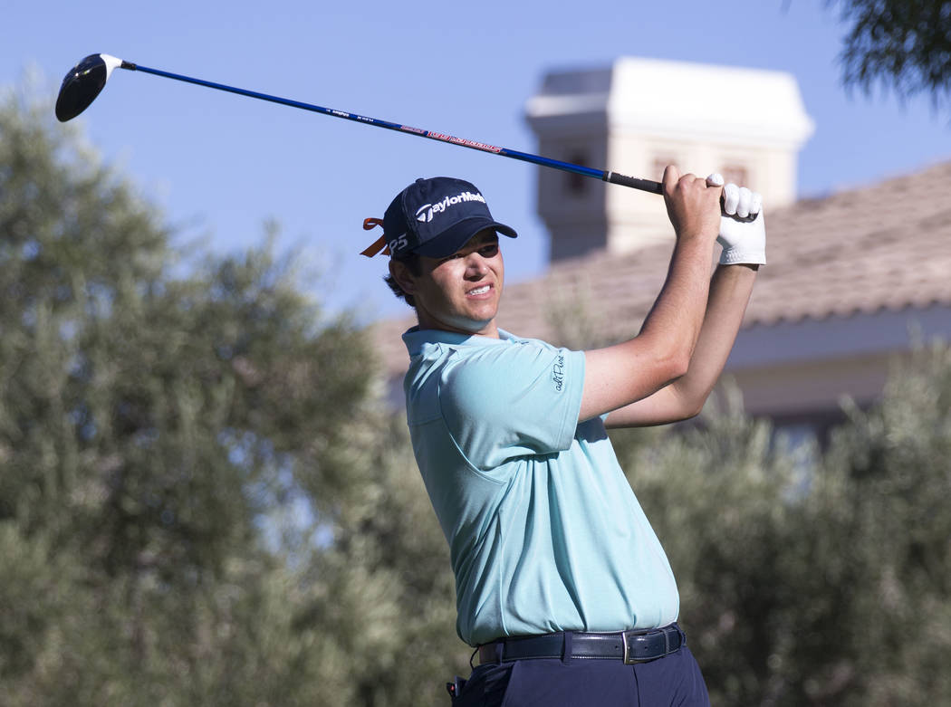 Beau Hossler of California tees off from the 16th hole during the third round of the Shriners Hospitals For Children Open tournament at TPC at Summerlin in Las Vegas, Saturday, Nov. 4, 2017. Richa ...