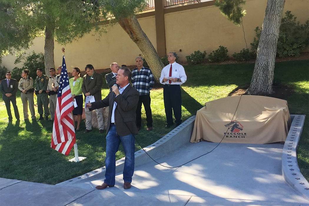 Nevada Lt. Gov. Mark Hutchison speaks Saturday, Nov. 4, 2017 in Las Vegas, during a Peccole Ranch community ceremony dedicating a bench commemorating the victims and first responders of the Oct. 1 ...