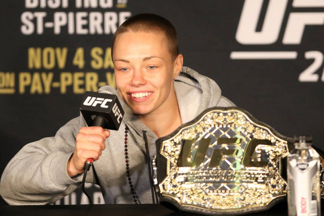 UFC strawweight champion Rose Namajunas at the UFC 217 post-fight news conference at the Madison Square Garden theater on Saturday, Nov. 4, 2017 in New York, New York. Heidi Fang Las Vegas Review- ...