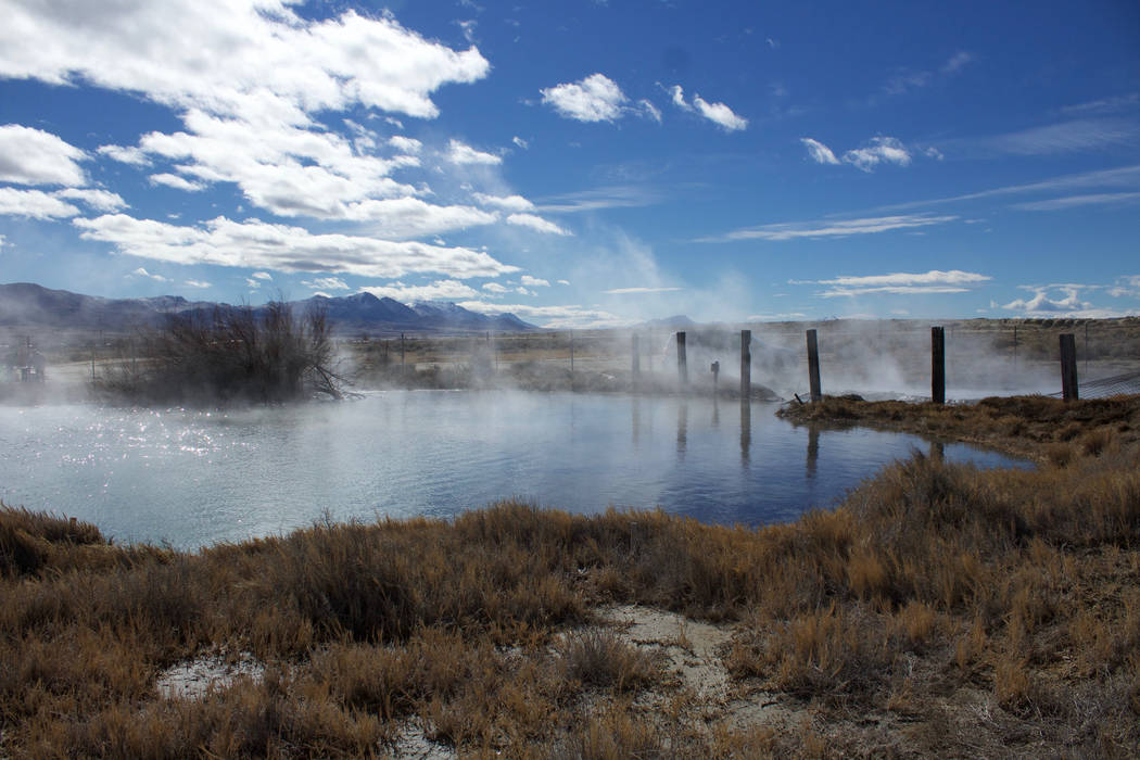 Steam rises from Great Boiling Spring, an almost-200-degree natural pool on private land about 500 miles northwest of Las Vegas. (UNLV)