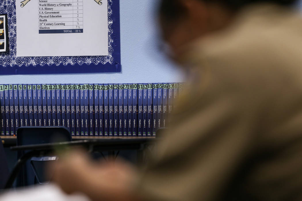 Math books are lined up against a wall as students work on assignments at Centennial High School in Las Vegas, Thursday, Nov. 9, 2017. Joel Angel Juarez Las Vegas Review-Journal @jajuarezphoto