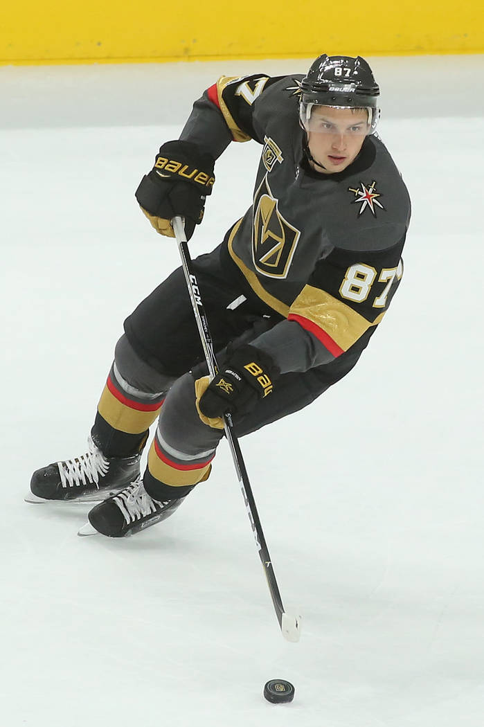 Vegas Golden Knights center Vadim Shipachyov (87) brings the puck up the ice during a game against Buffalo Sabres at T-Mobile Arena in Las Vegas, Tuesday, Oct. 17, 2017. Vegas Golden Knights won 5 ...