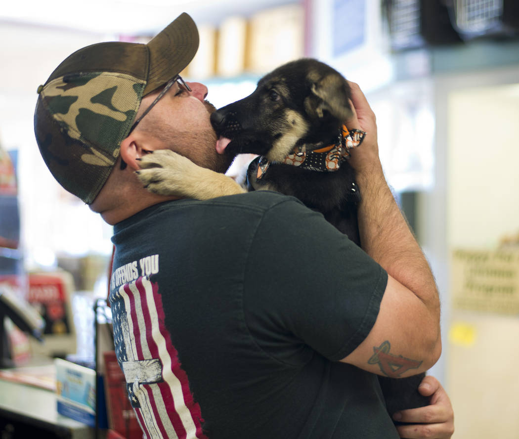 Kevin Martinez holds his new dog at Petland Las Vegas on Wednesday, Nov. 8, 2017. The store is one of two in the valley that would be affected by a ban on selling non-rescue dogs. Daniel Clark/Las ...