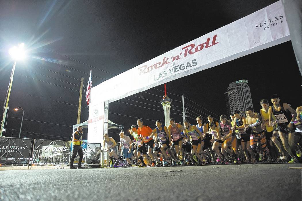 Runners begin their race during the 5K portion of the Rock ԮՠRoll Las Vegas Marathon at the Las Vegas Festival Grounds on The Strip on Saturday, Nov. 11, 2017. Daniel Clark/Las Vegas R ...