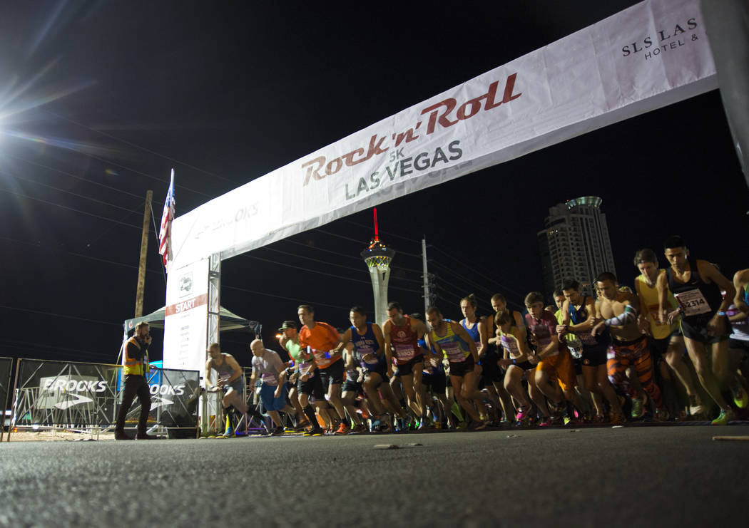 Runners begin their race during the 5K portion of the Rock ԮՠRoll Las Vegas Marathon at the Las Vegas Festival Grounds on The Strip on Saturday, Nov. 11, 2017. Daniel Clark/Las Vegas R ...