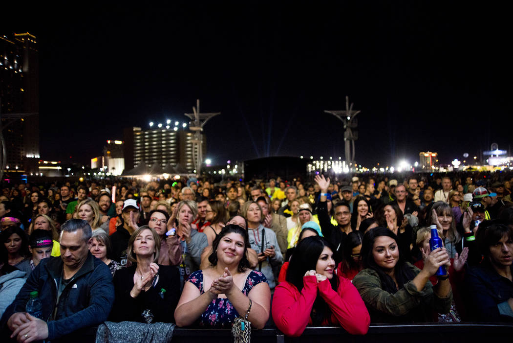 The crowd waits for the Goo Goo Dolls to perform after the 5K portion of the Rock ԮՠRoll Las Vegas Marathon at the Las Vegas Festival Grounds on The Strip on Saturday, Nov. 11, 2017. D ...