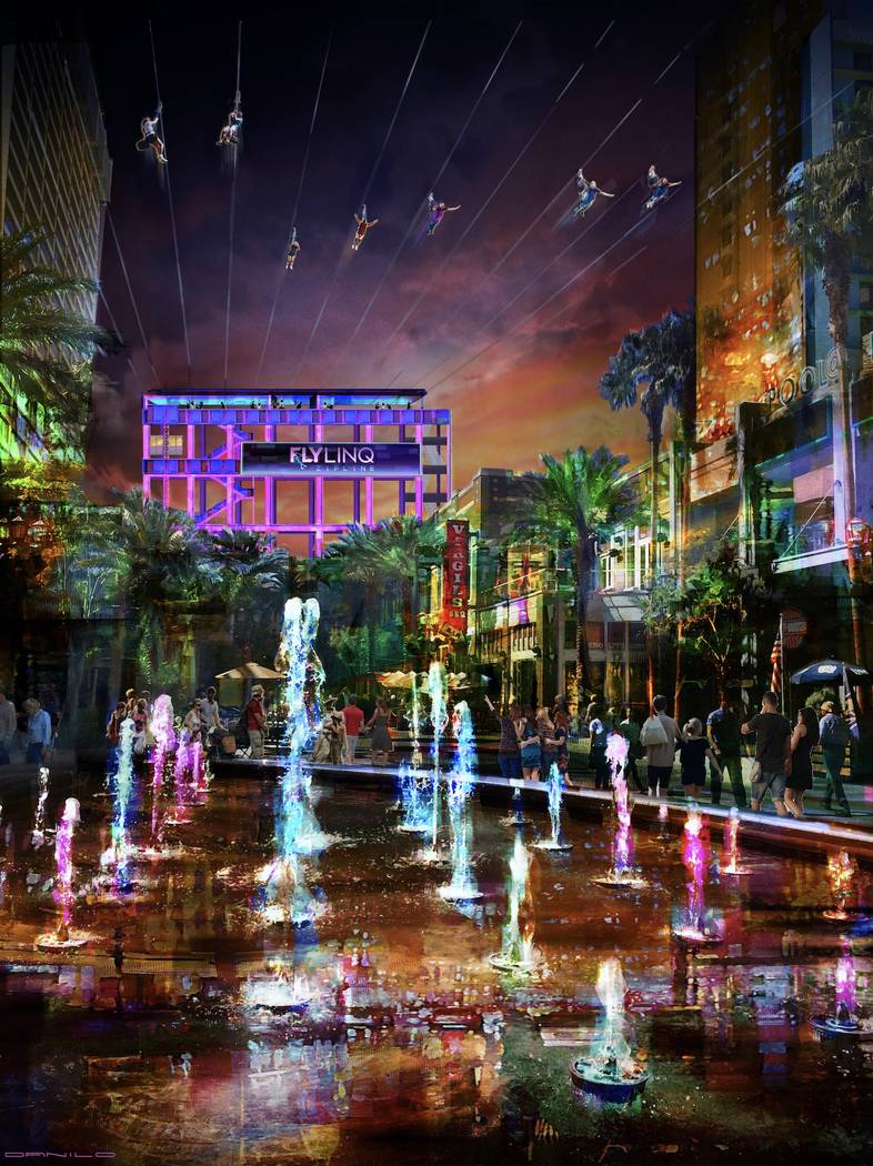 The Fly Linq zip line will feature 10 side-by-side lines that can launch all riers at once at The Linq Promenade shopping center. (Contributed rendering)