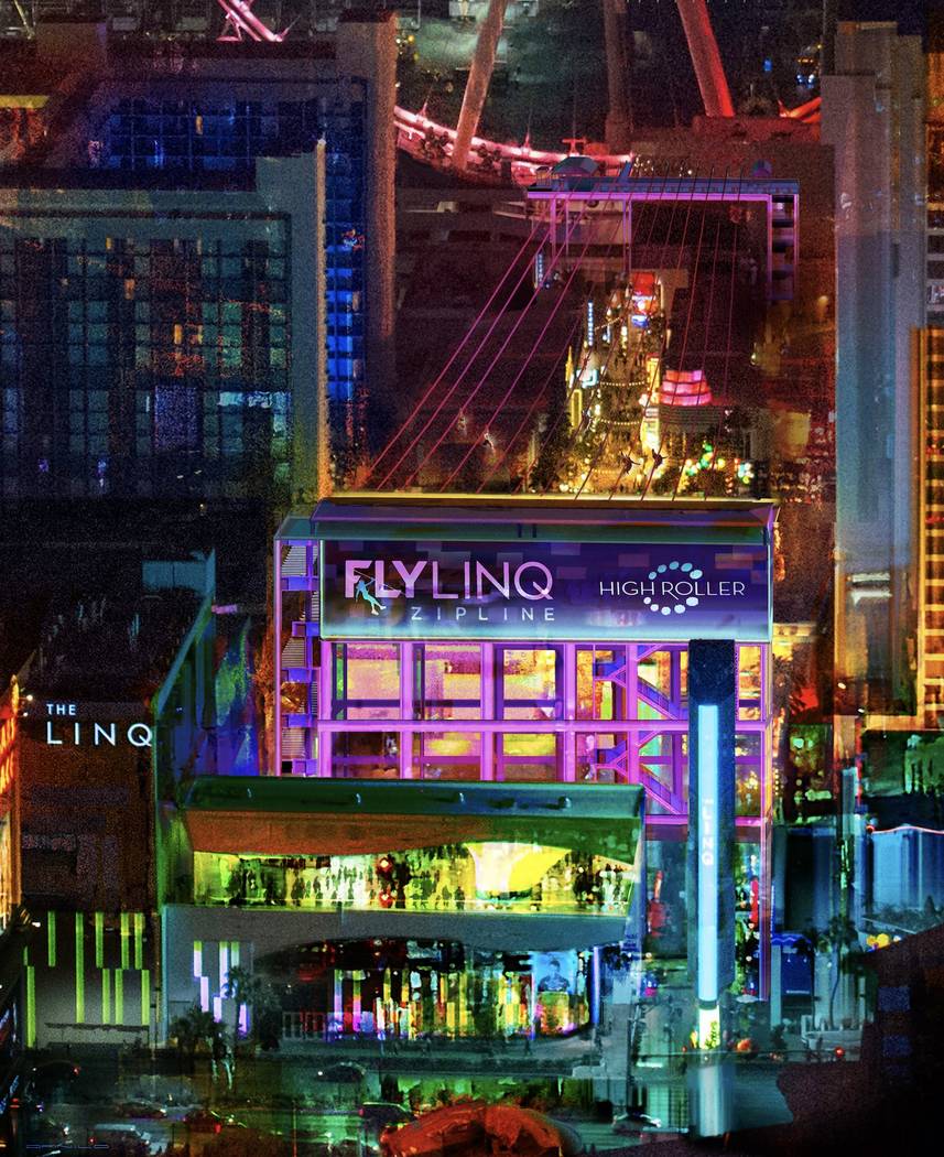The Fly Linq zip line will feature 10 side-by-side lines that can launch all riers at once at The Linq Promenade shopping center. (Contributed rendering)