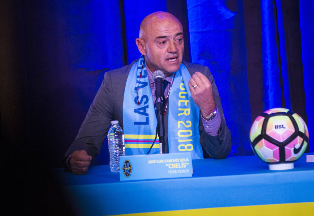 Jose Luis Sanchez Sola, also known as as Chelis, speaks during his first press conference as coach of the Las Vegas Lights FC at Inspire Theater in downtown Las Vegas on Tuesday, Nov. 14, 2017. Th ...