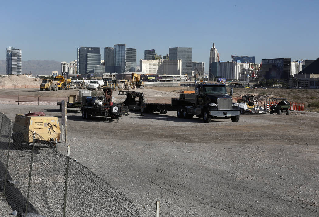 Heavy construction trucks inside the Raiders stadium site, near Hacienda Avenue and Dean Martin Drive on Tuesday, Nov. 7, 2017, in Las Vegas. Bizuayehu Tesfaye/Las Vegas Review-Journal @bizutesfaye