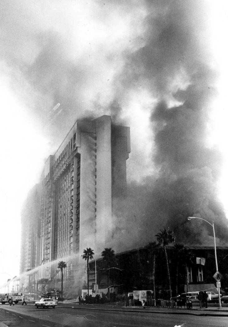 Smoke billows from the former MGM Grand hotel-casino from a fireball that raced across the casino floor on Nov. 21, 1980 in Las Vegas. Gary Thompson Las Vegas Review-Journal File Photo