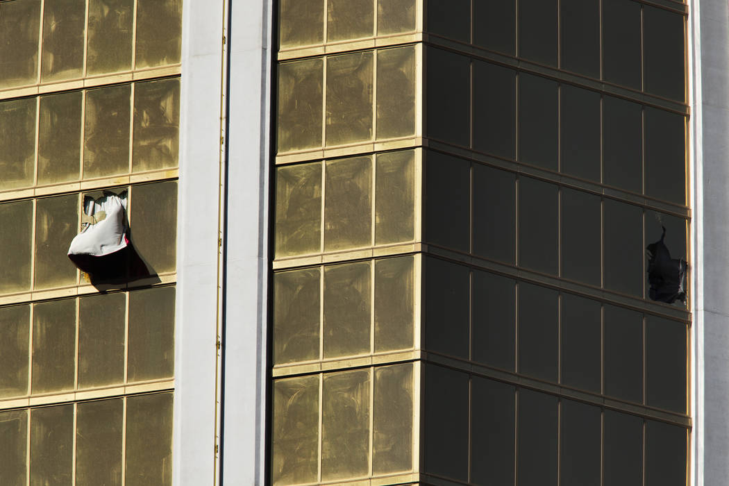 Broken windows at Mandalay Bay in Las Vegas Monday, Oct. 2, 2017, after a Strip shooting left 59 dead and over 527 injured Sunday night. Richard Brian Las Vegas Review-Journal @VegasPhotograph