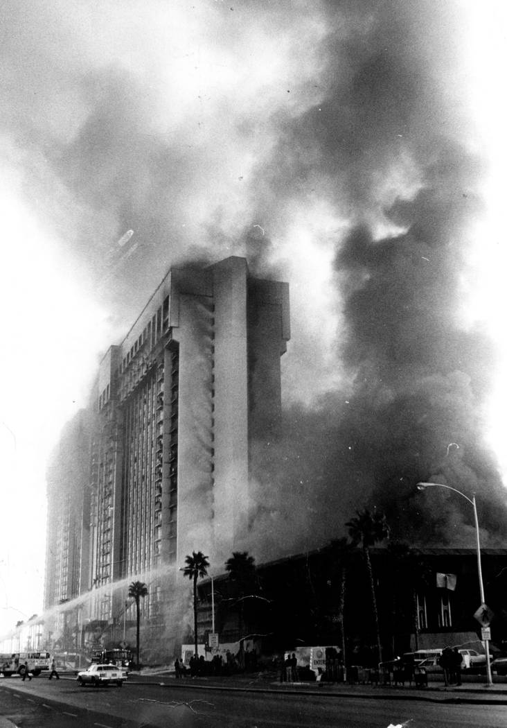 Smoke billows from the former MGM Grand hotel-casino from a fireball that raced across the casino floor on Nov. 21, 1980 in Las Vegas. Gary Thompson Las Vegas Review-Journal File Photo