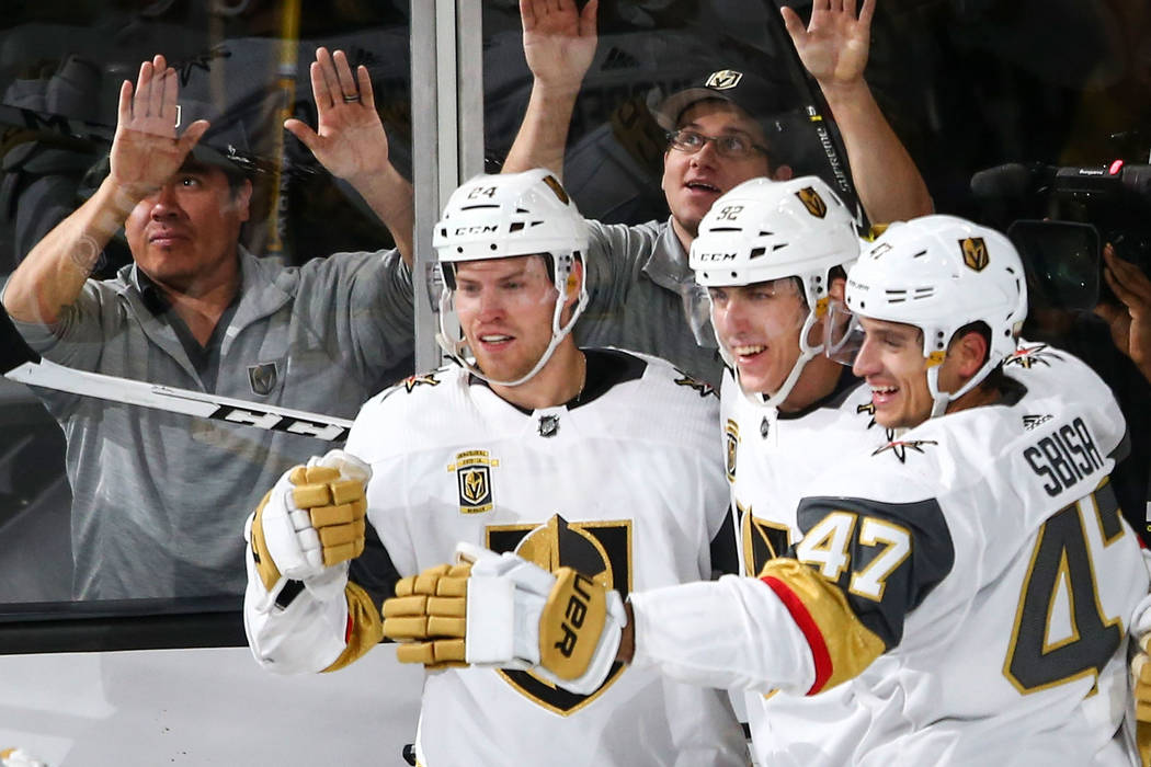 Golden Knights' Oscar Lindberg, second from left, celebrates his goal with teammates during an NHL hockey game against the Colorado Avalanche at T-Mobile Arena in Las Vegas on Friday, Oct. 27, 201 ...