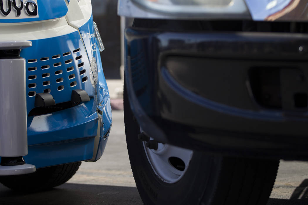 Damage to a driverless electric shuttle near Fremont Street and S. 6th Street in Las Vegas during the launch day of the autonomous vehicle, Wednesday, Nov. 8, 2017. The autonomous vehicle was invo ...