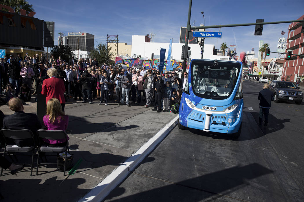 Las Vegas Mayor Carolyn Goodman, left, during the launch event of the driverless electric shuttle at the Container Park in Las Vegas, Wednesday, Nov. 8, 2017. Erik Verduzco Las Vegas Review-Journa ...