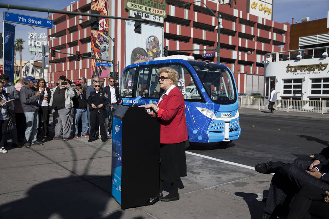 Las Vegas Mayor Carolyn Goodman during the launch event of the driverless electric shuttle at the Container Park in Las Vegas, Wednesday, Nov. 8, 2017. Erik Verduzco Las Vegas Review-Journal @Erik ...