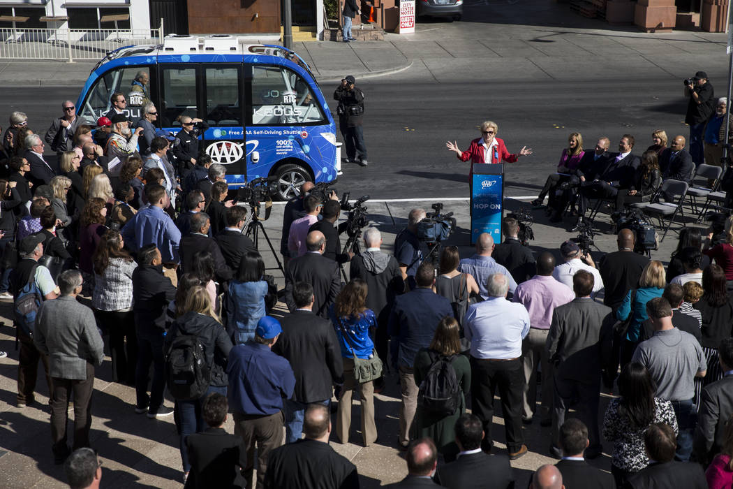 Las Vegas Mayor Carolyn Goodman during the launch event of the driverless electric shuttle at the Container Park in Las Vegas, Wednesday, Nov. 8, 2017. Erik Verduzco Las Vegas Review-Journal @Erik ...