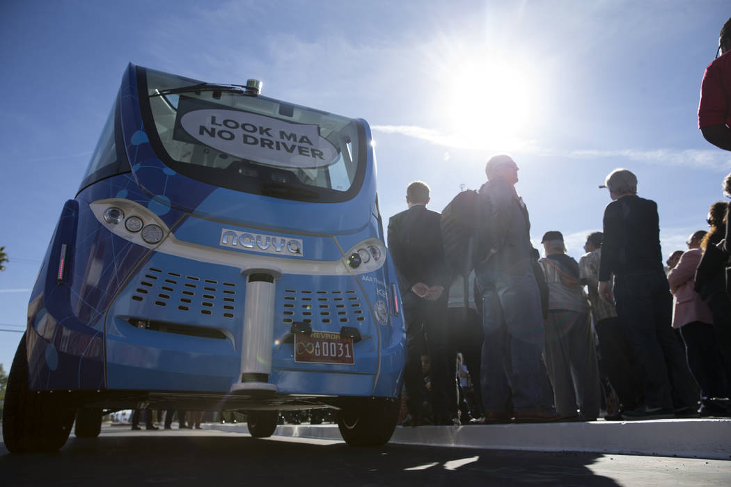 A driverless electric shuttle during the launch event at the Container Park in Las Vegas, Wednesday, Nov. 8, 2017. Erik Verduzco Las Vegas Review-Journal @Erik_Verduzco