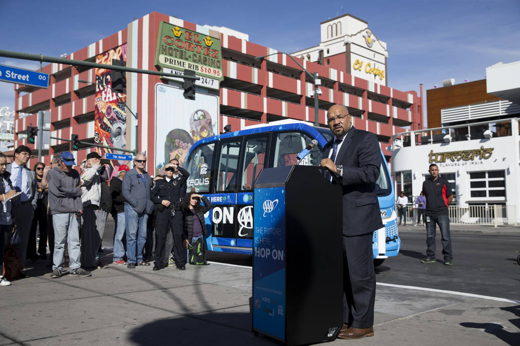 Maurice Bell, vice president of Mobility Solutions for Keolis Transit America, during the launch event of the driverless electric shuttle at the Container Park in Las Vegas, Wednesday, Nov. 8, 201 ...