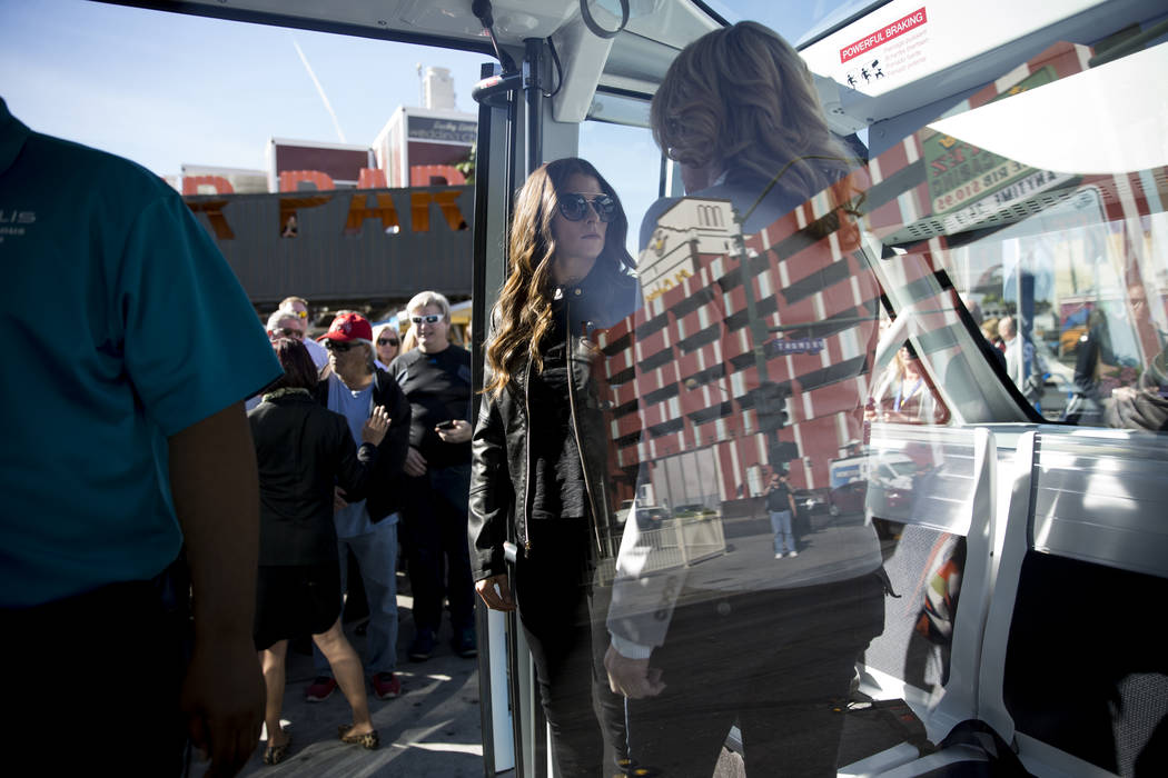 NASCAR driver Danica Patrick, center, on board of a driverless electric shuttle during a launch event at the Container Park in Las Vegas, Wednesday, Nov. 8, 2017. Erik Verduzco Las Vegas Review-Jo ...