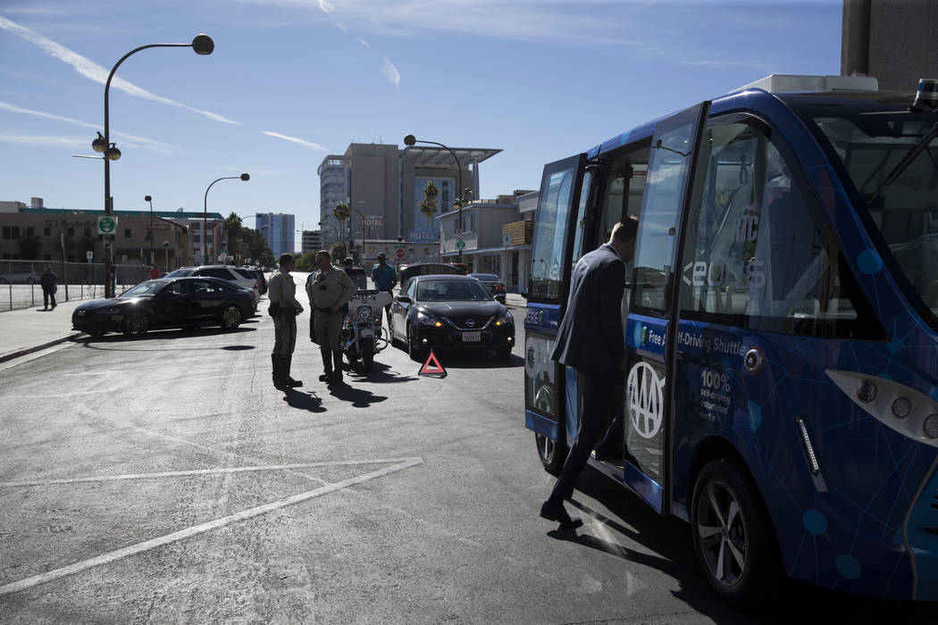 The scene of an accident between a truck and a driverless electric shuttle near Fremont Street and S. 6th Street in Las Vegas during the launch day of the autonomous vehicle, Wednesday, Nov. 8, 20 ...