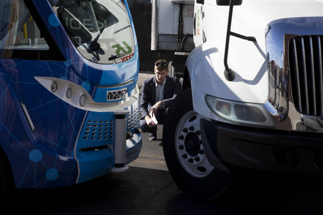 The scene of an accident between a truck and a driverless electric shuttle near Fremont Street and S. 6th Street in Las Vegas during the launch day of the autonomous vehicle, Wednesday, Nov. 8, 20 ...