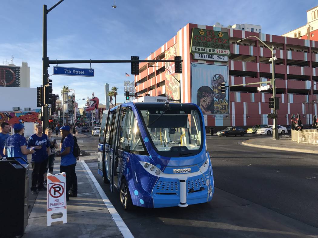 The driverless electric shuttle in downtown Las Vegas, pictured on Nov. 9, 2017, is back on the road one day after it was involved in an accident with a truck. Erik Verduzco Las Vegas Review-Journ ...