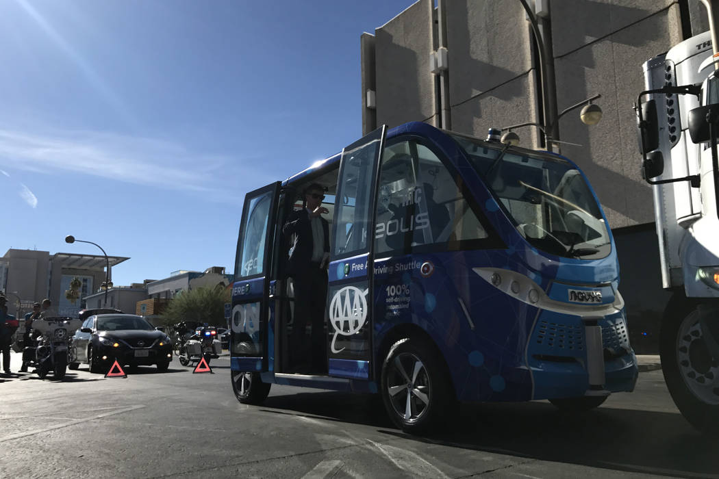 Metro responded to an accident involving the shuttle and a delivery truck on the 100 block of S. 6th Street, near Fremont Street, at 12:07 p.m., according to police. (Erik Verduzco/Las Vegas Revie ...