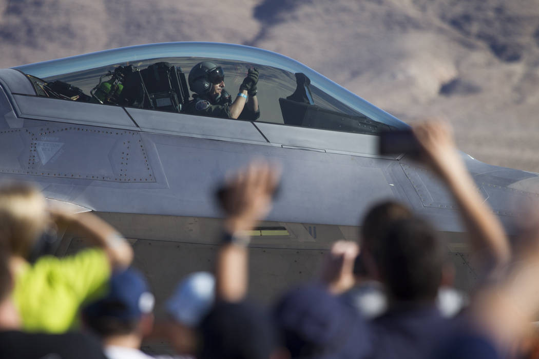 An F-22 Raptor pilot waves after landing during Aviation Nation at Nellis Air Force Base in Las Vegas, Saturday, Nov. 11, 2017. Erik Verduzco Las Vegas Review-Journal @Erik_Verduzco
