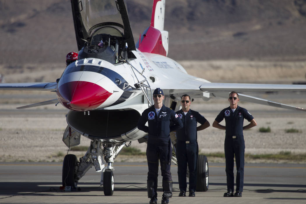 Thurnderbirds Pilot Maj. Ryan Bodenheimer, left, is introduced before performing during Aviation Nation at Nellis Air Force Base in Las Vegas, Saturday, Nov. 11, 2017. Erik Verduzco Las Vegas Revi ...