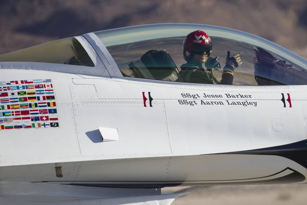 Thunderbirds Pilot Lt. Col. Jason Heard gestures as he gets ready to perform during Aviation Nation at Nellis Air Force Base in Las Vegas, Saturday, Nov. 11, 2017. Erik Verduzco Las Vegas Review-J ...