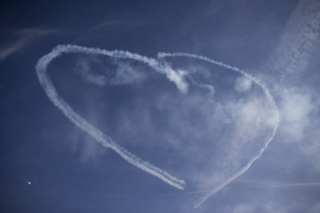 The Thunderbirds make heart shape in the air while performing during Aviation Nation at Nellis Air Force Base in Las Vegas, Saturday, Nov. 11, 2017. Erik Verduzco Las Vegas Review-Journal @Erik_Ve ...