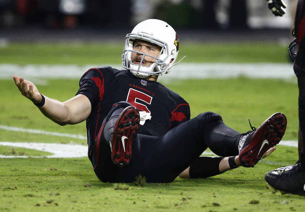 Arizona Cardinals quarterback Drew Stanton (5) look for a roughing call against the Seattle Seahawks during the second half of an NFL football game, Thursday, Nov. 9, 2017, in Glendale, Ariz. (AP ...