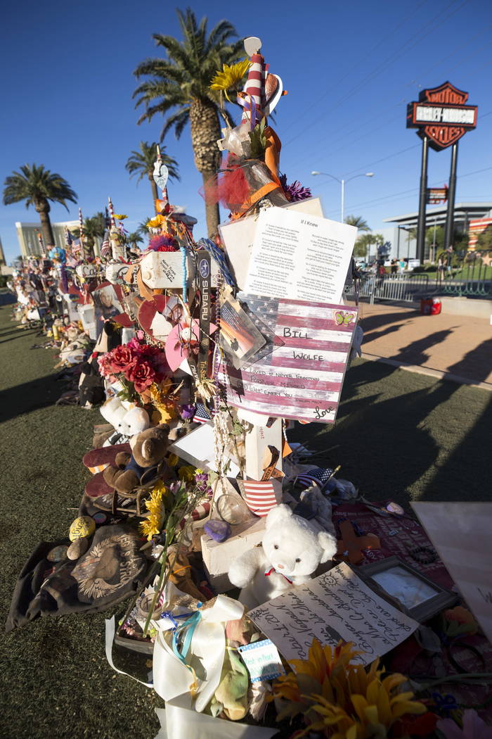 The crosses and mementos left behind by visitors at a memorial for Route 91 Harvest shooting victims at the Welcome to Fabulous Las Vegas sign, Thursday, Nov. 9, 2017. Richard Brian Las Vegas Revi ...